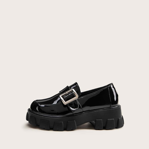 

Patent Buckle Decor Flat Loafers, Black