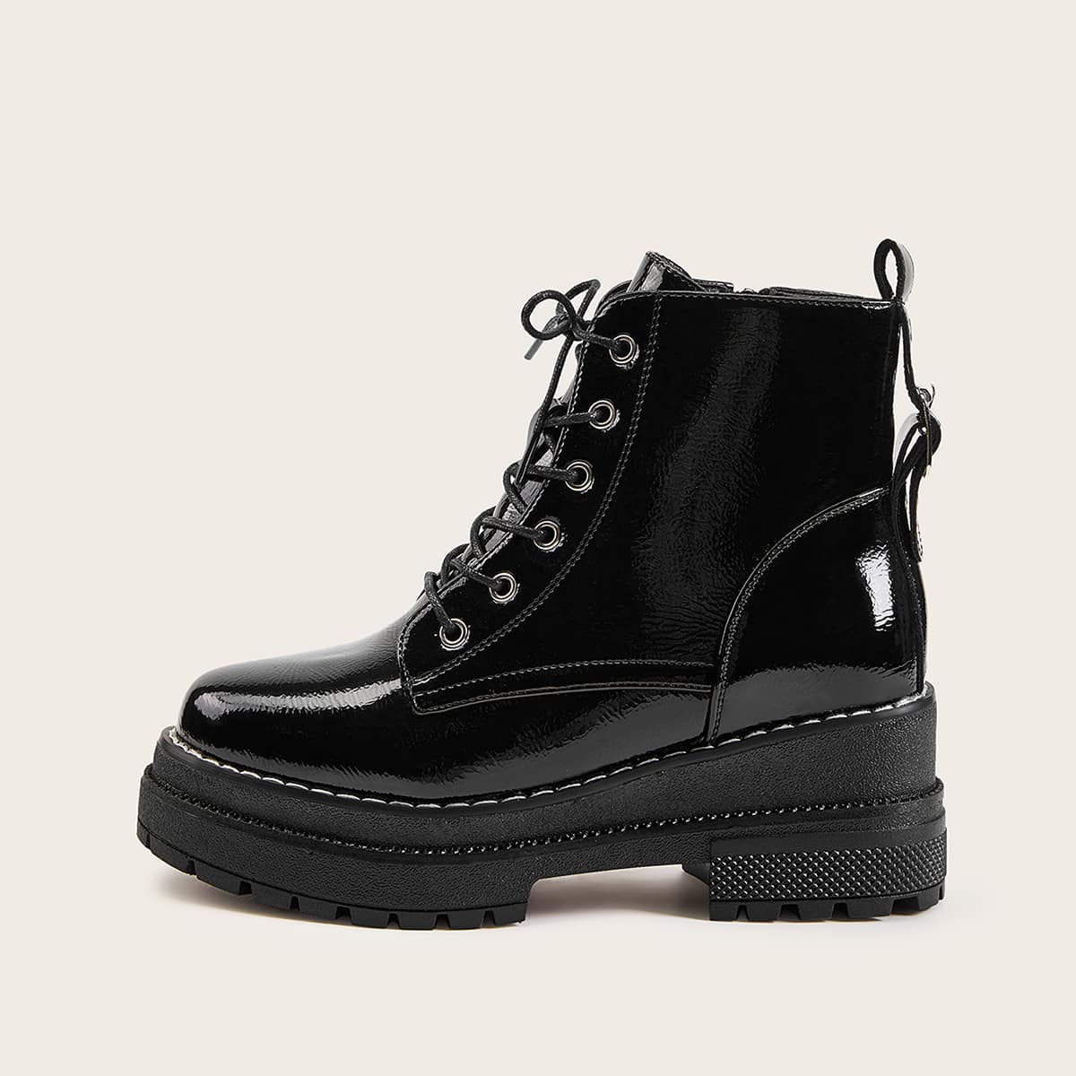 

Patent Lace-up Front Combat Boots, Black