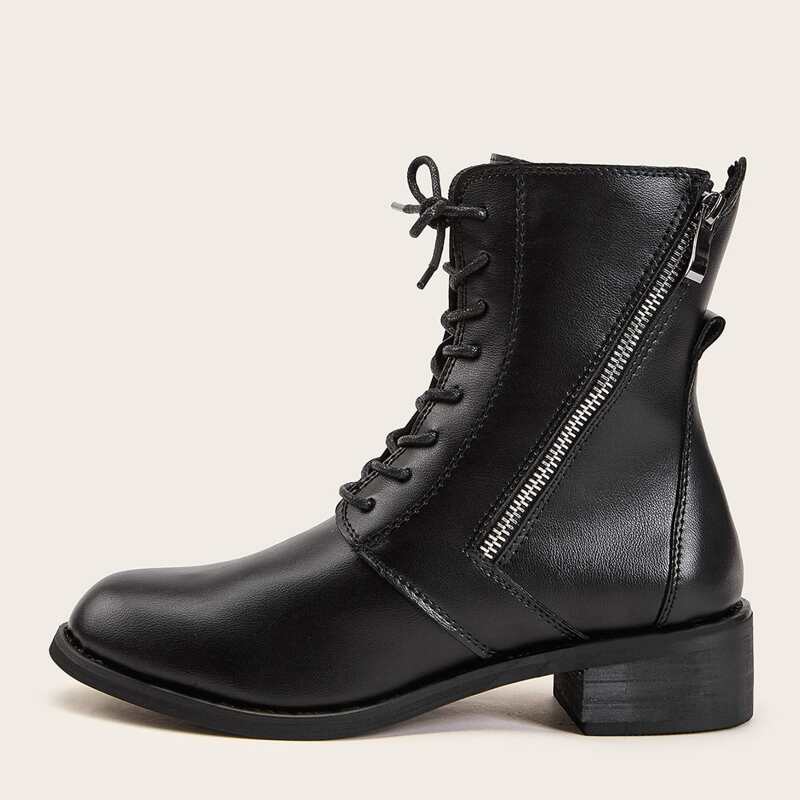 

Side Zip Lace-up Front Combat Boots, Black