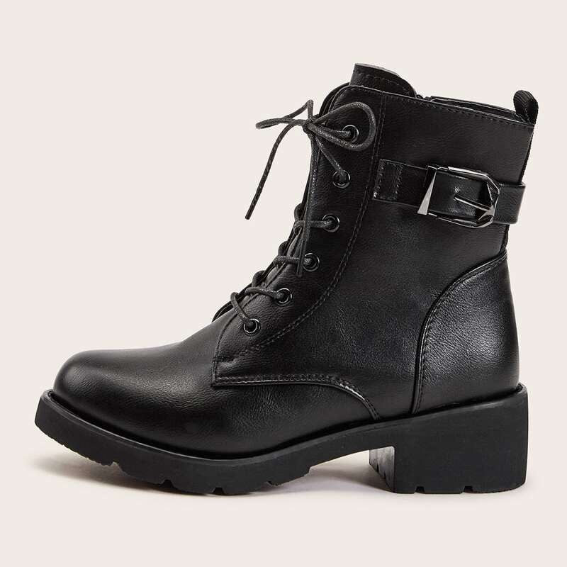

Buckle Decor Side Zip Combat Boots, Black