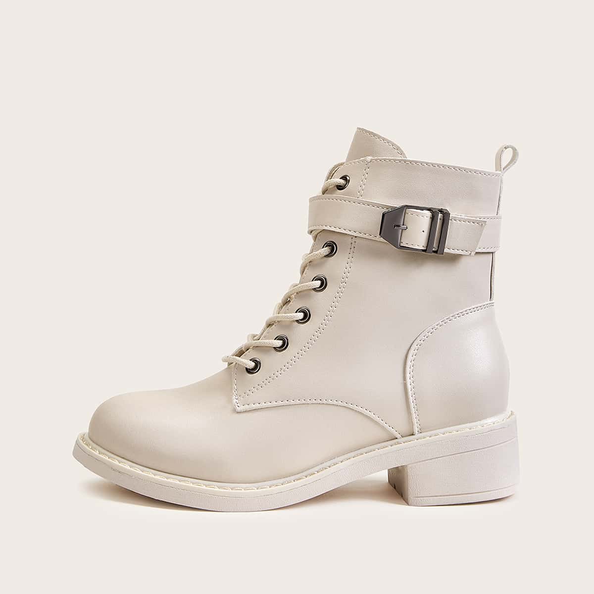 

Buckle Decor Lace-up Front Chunky Boots, Beige