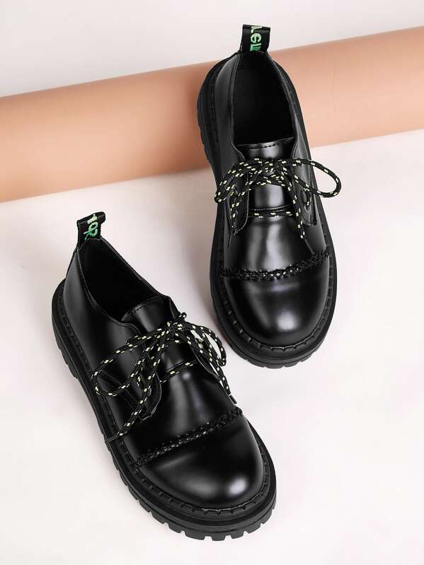 

Lace-up Front Stitch Detail Flats, Black