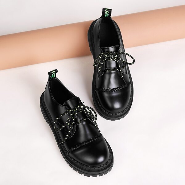 

Lace-up Front Stitch Detail Flats, Black