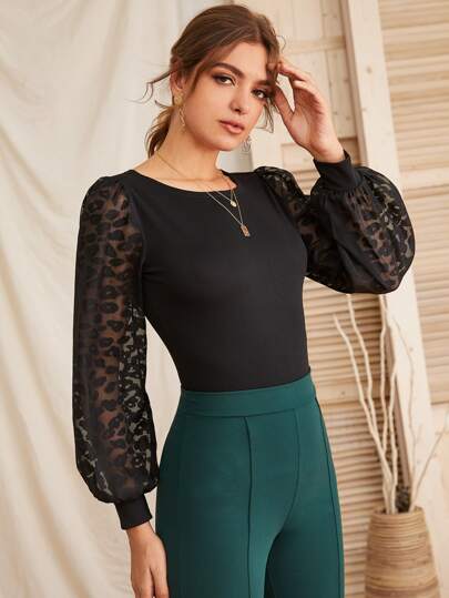 Contrast Leopard Bishop Sleeve Top