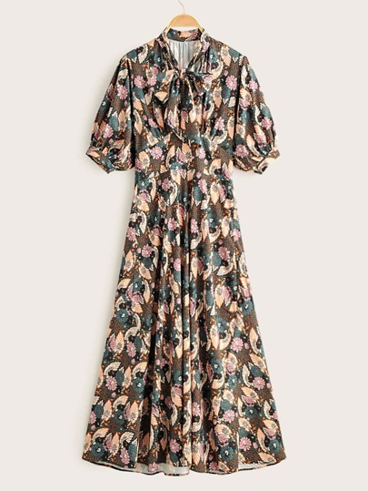 Tie Neck Bishop Sleeve  Floral Print Dress