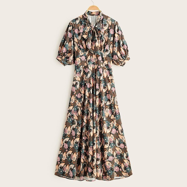 

Tie Neck Bishop Sleeve Floral Print Dress, Multicolor
