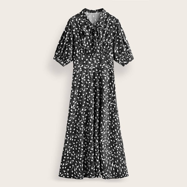 

Tie Neck Galaxy Print A-line Dress, Black