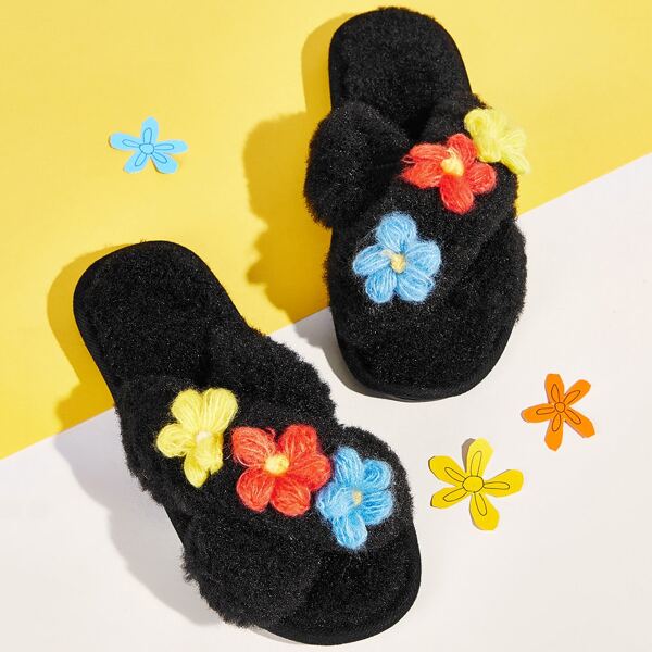 

Applique Decor Open Toe Fluffy Slippers, Black