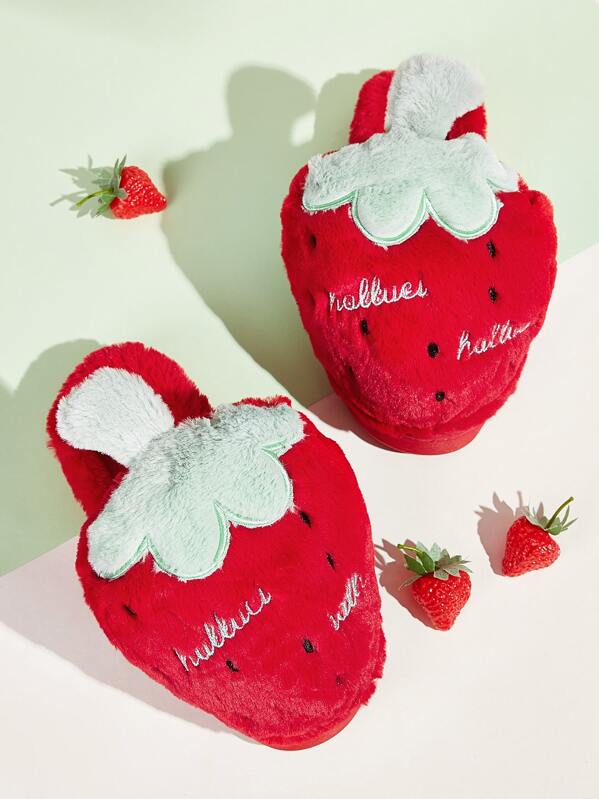 

Strawberry Design Fluffy Slippers, Red
