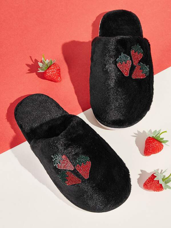 

Rhinestone Strawberry Decor Fluffy Slippers, Black