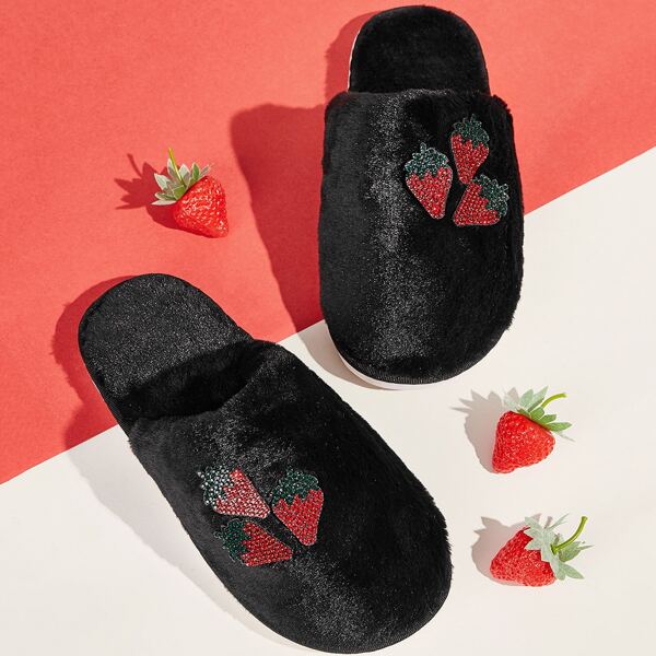 

Rhinestone Strawberry Decor Fluffy Slippers, Black