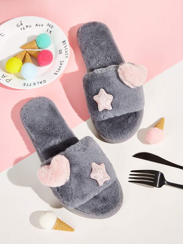 

Heart & Star Decor Open Toe Fluffy Slippers, Grey