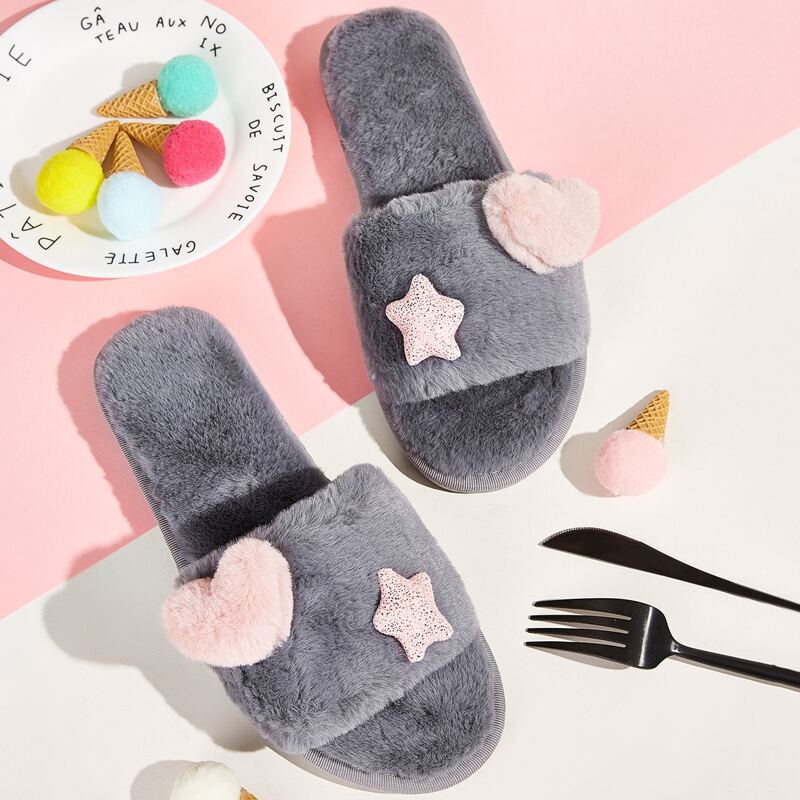 Heart & Star Decor Open Toe Fluffy Slippers, Grey