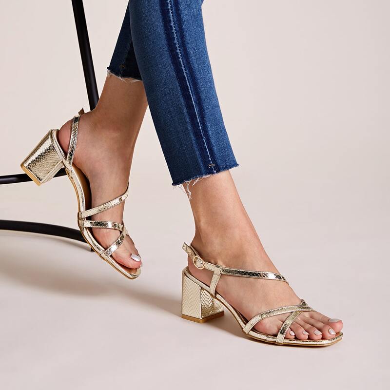 

Metallic Snakeskin Open Toe Chunky Heels, Gold