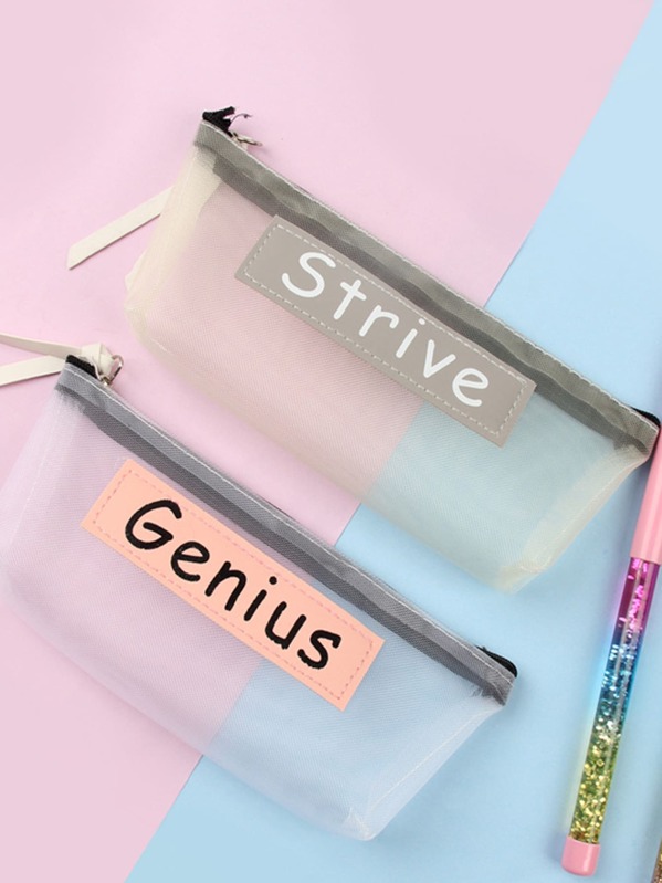

1pc Letter Patch Mesh Pencil Case