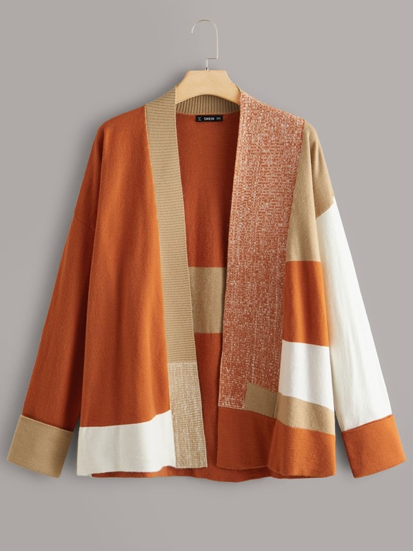 

Plus Drop Shoulder Cuffed Sleeve Color Block Cardigan, Multicolor