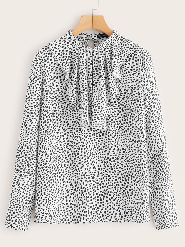 

Dalmatian Print Jabot Collar Top, Black and white, Luiza