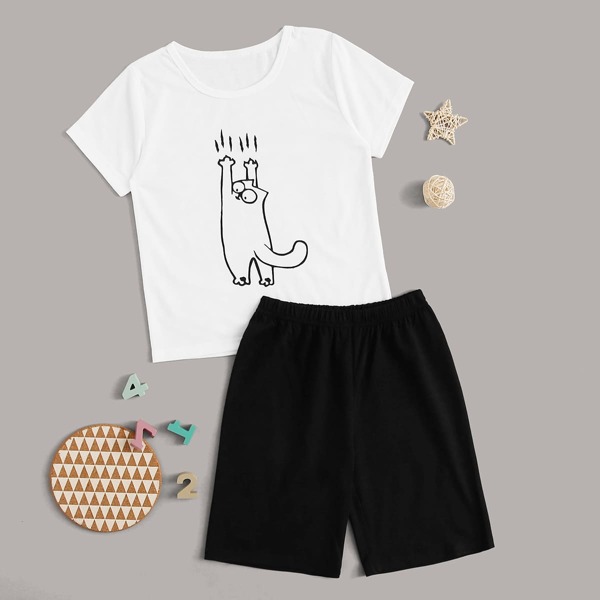 

Boys Cartoon Cat Print PJ Set, Black and white