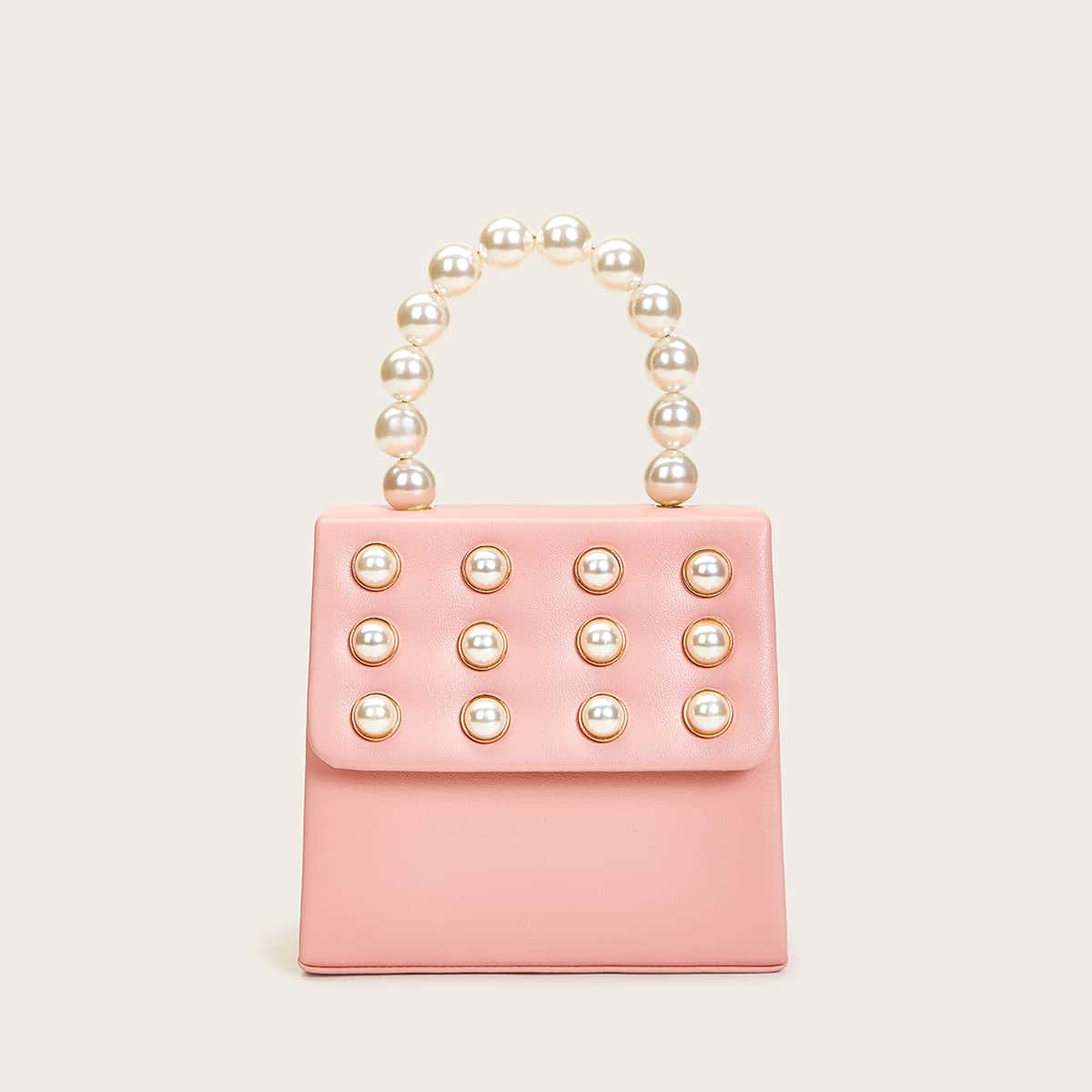 

Faux Pearl Handle Flap Satchel Bag, Pink