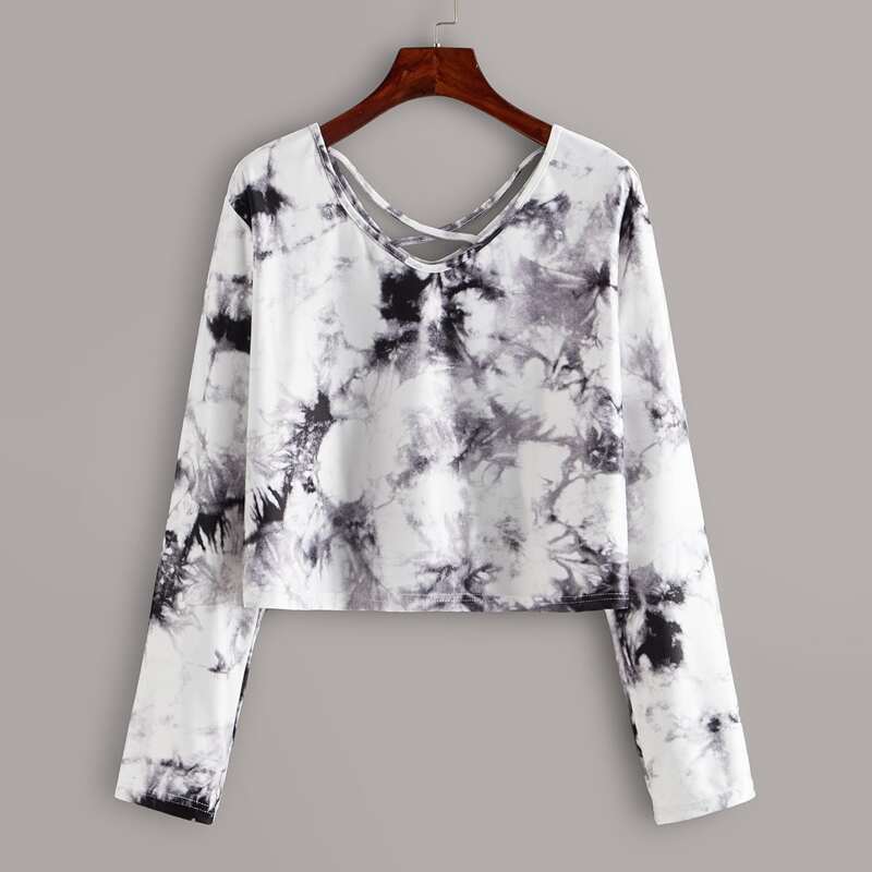 

Criss Cross Back Tie Dye Crop Top, Black and white