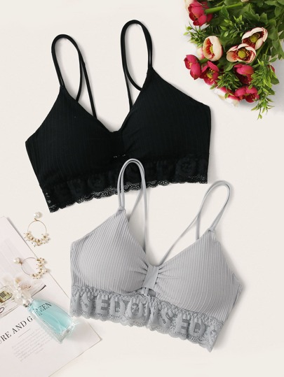 2 Packs Ruched Letter Lace Bralette