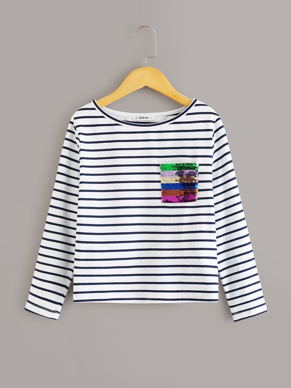 

Girls Colorful Sequin Patch Pocket Striped Top, Multicolor