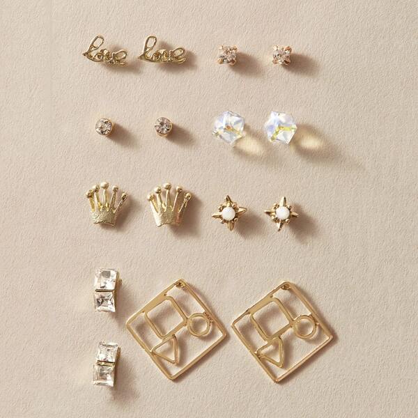 

8pairs Rhinestone Engraved & Letter Decor Earrings, Gold