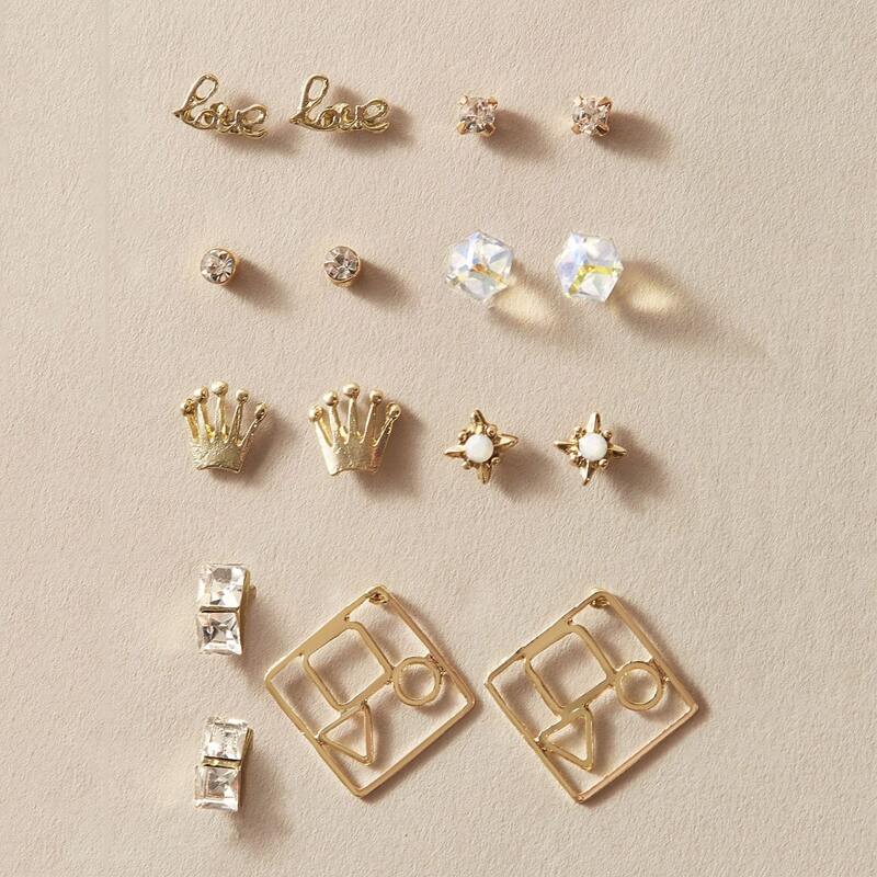 

8pairs Rhinestone Engraved & Letter Decor Earrings, Gold