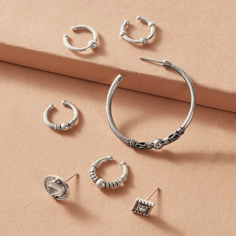 

6pcs Rhinestone & Geometric Decor Earrings, Silver