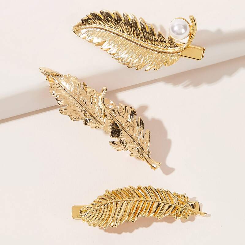 

3pcs Metallic Leaf Hair Clip, Gold