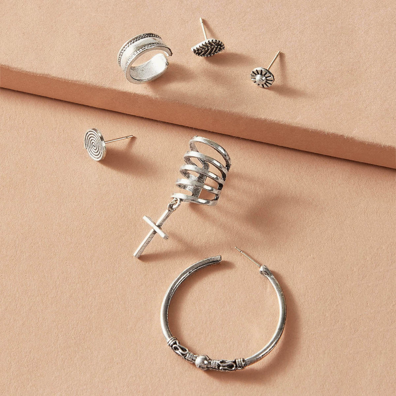 

6pcs Cross & Geometric Decor Earrings, Silver