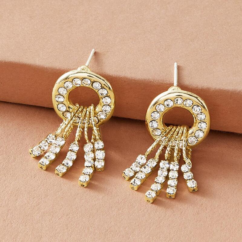 

1pair Rhinestone Engraved Round & Tassel Drop Earrings, Gold