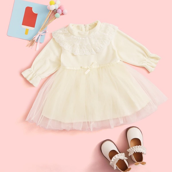 

Baby Girl Contrast Mesh Panel Tie Front Dress, Beige