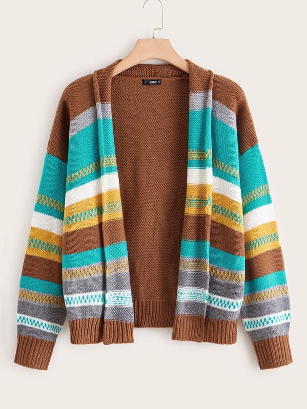

Plus Shawl Collar Drop Shoulder Colorblock Cardigan, Multicolor