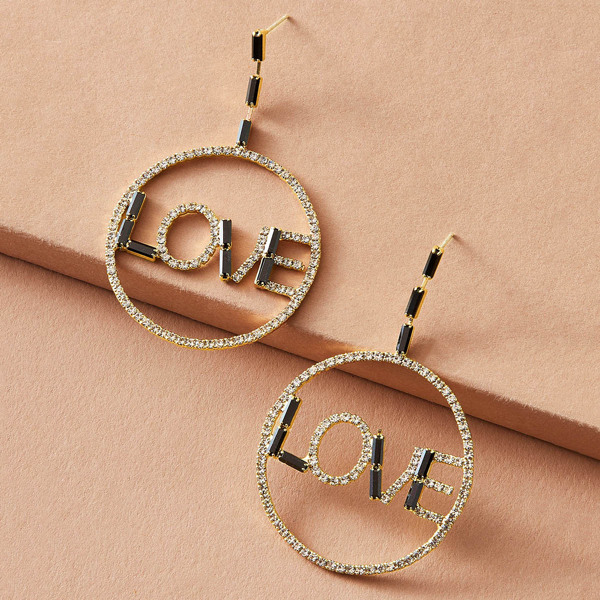 

1pair Letter Decor Rhinestone Engraved Round Drop Earrings, Gold