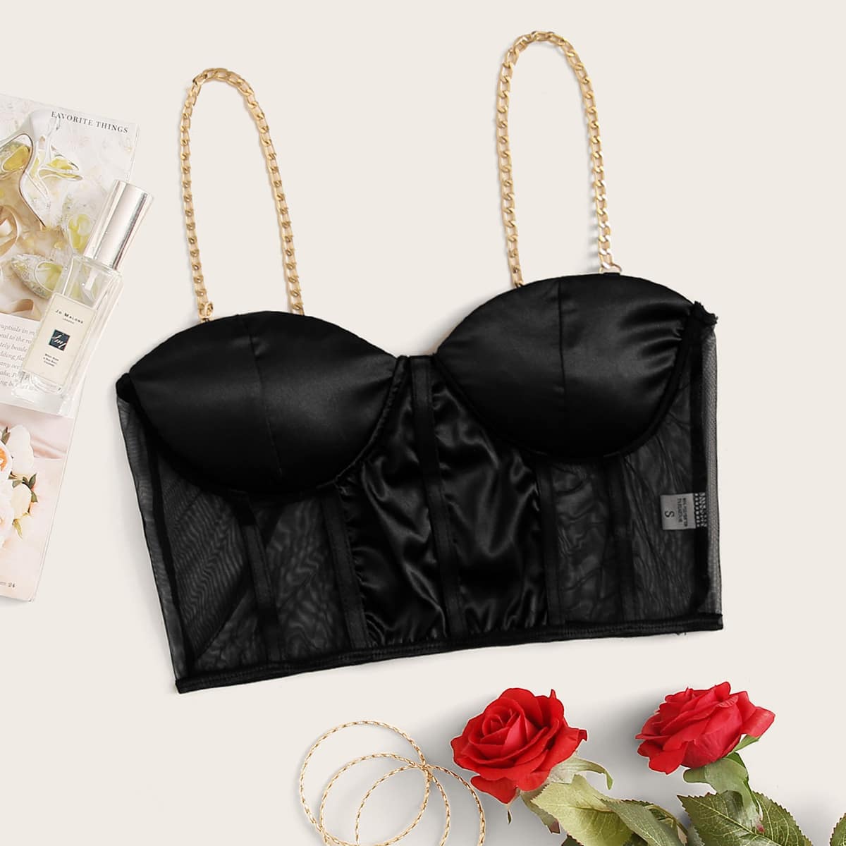 

Chain Strap Mesh Bralette, Black