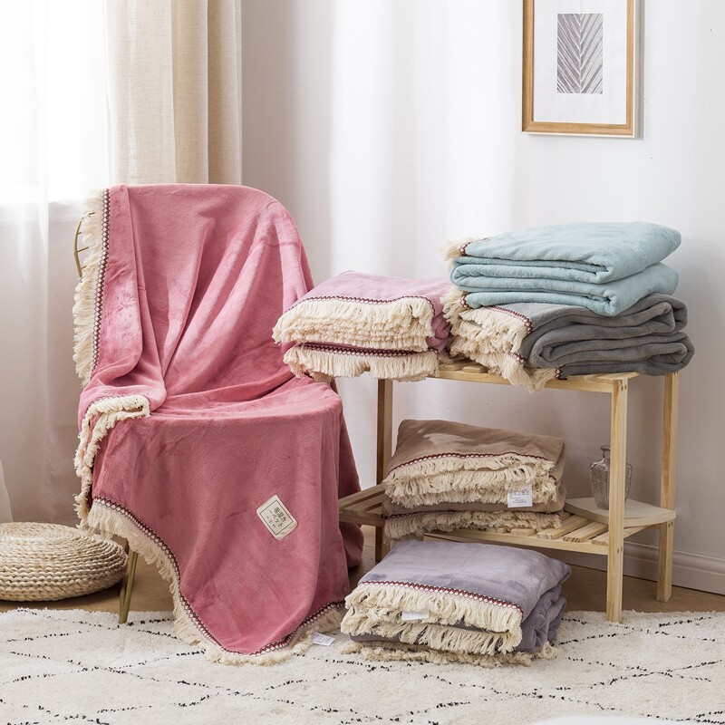 

1pc Fringe Trim Thick Blanket, Multicolor