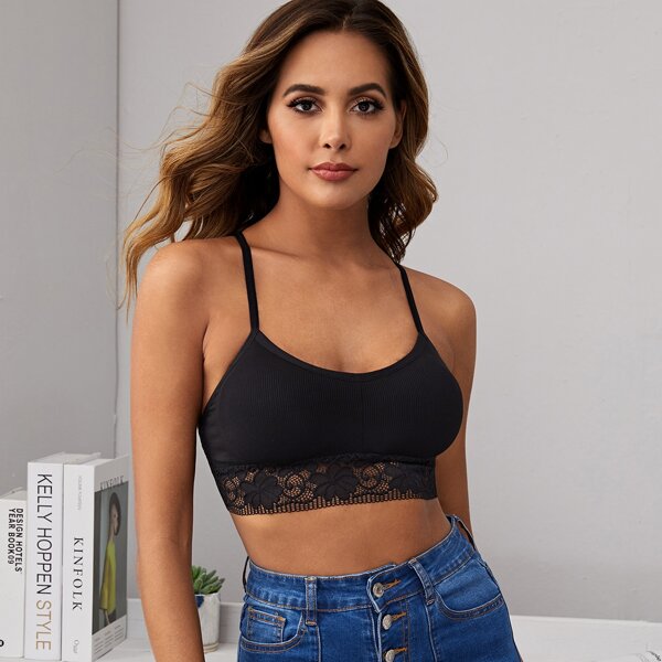 

Rib Lace Trim Criss Cross Bralette, Black