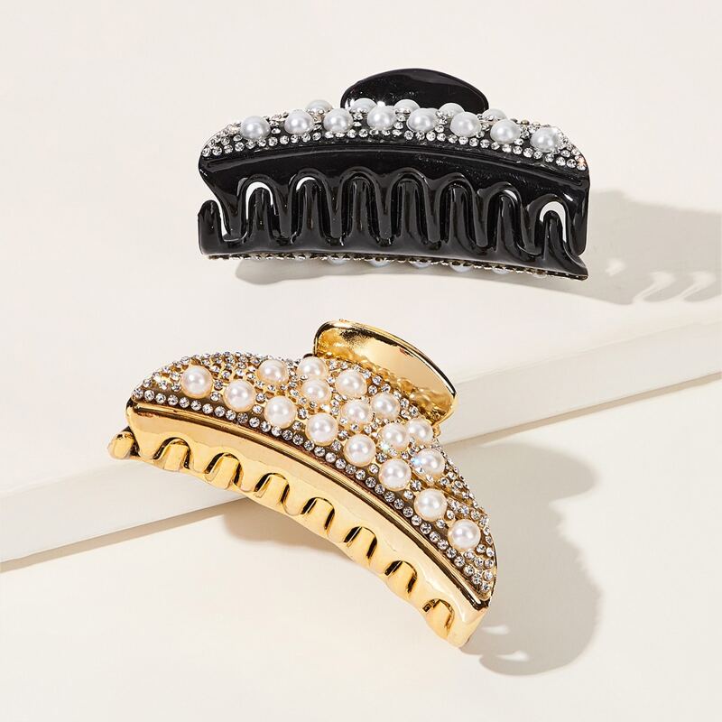 

2pcs Faux Pearl Rhinestone Engraved Hair Claws, Multicolor