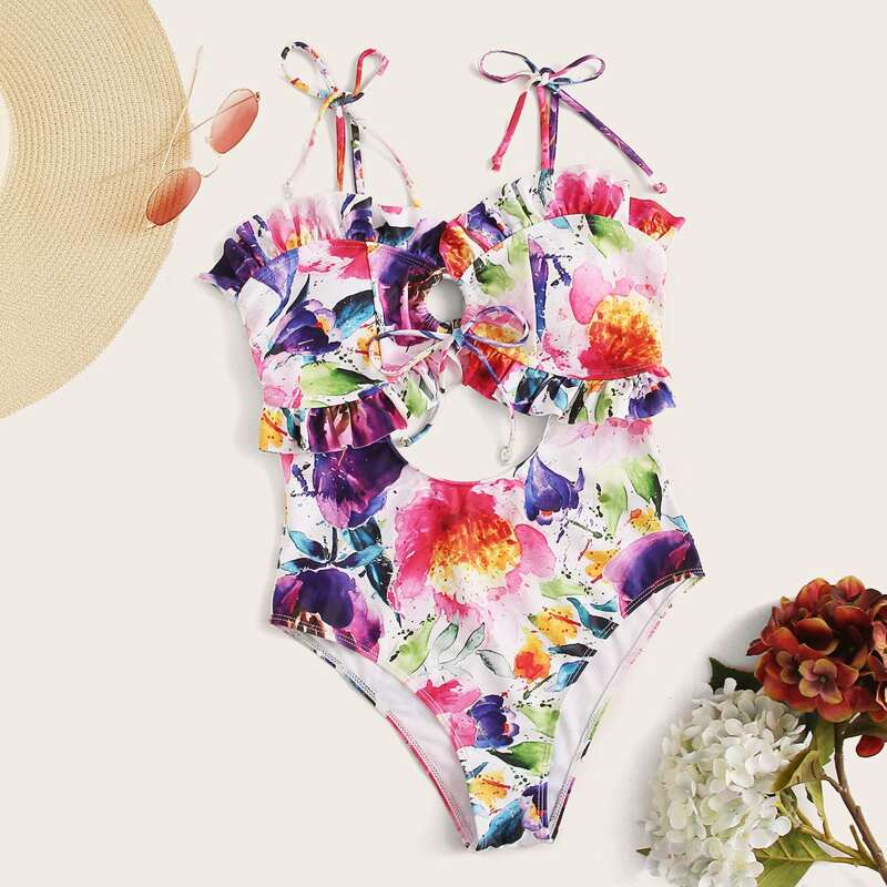 

Watercolor Flower Pattern Ruffle One Piece Swimsuit, Multicolor