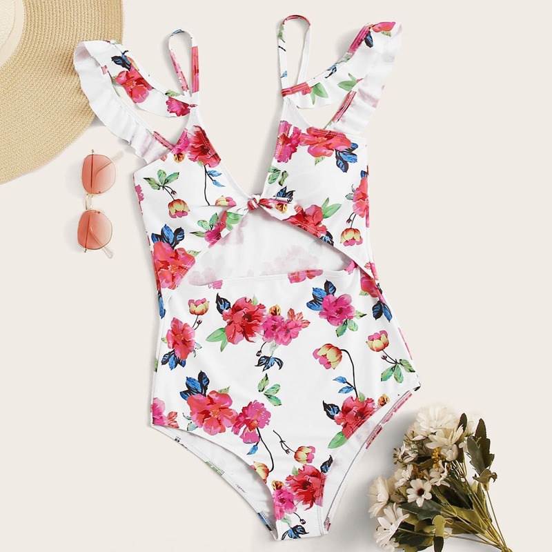 

Floral Print Knot One Piece Swimsuit, Multicolor