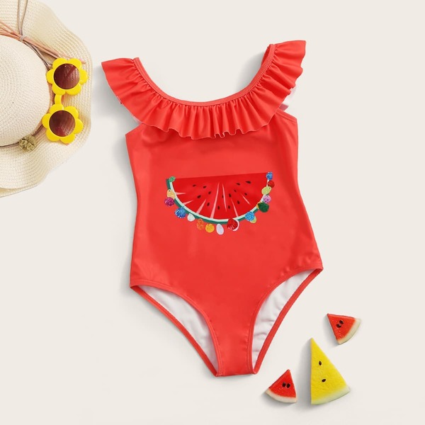 

Girls Watermelon Print Frill Trim One Piece Swimwear, Red