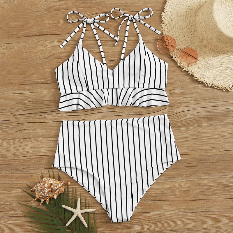 

Striped Tie Shoulder Top With High Waisted Bikini Set, Black and white