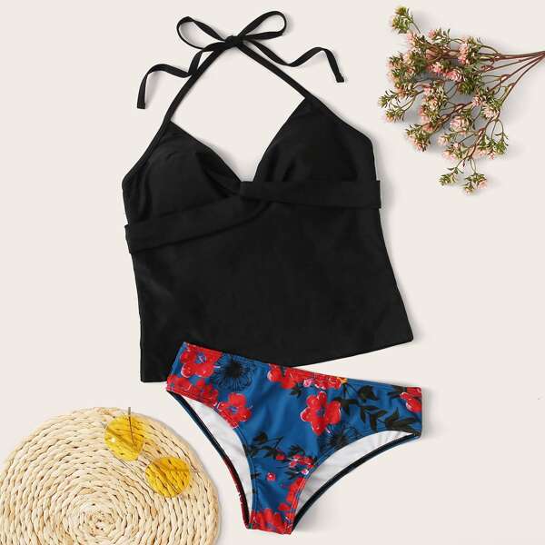 

Halter Top With Floral Random Print Panty Tankini, Multicolor