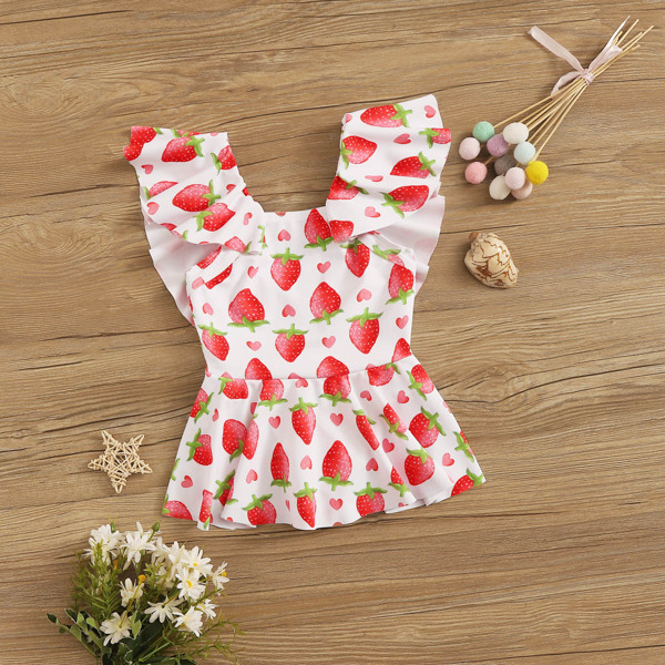 

Toddler Girls Strawberry Print Ruffle Trim One Piece Swimwear, Multicolor