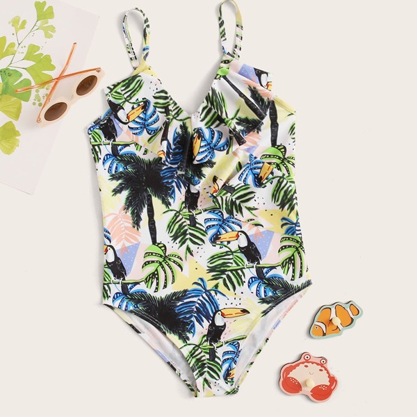 

Girls Tropical Ruffle Trim One Piece Swimwear, Multicolor