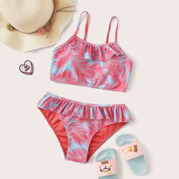 

Girls Palm Print Ruffle Trim Bikini Set, Multicolor