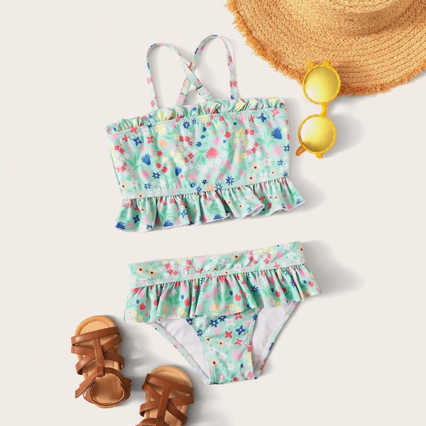 

Toddler Girl Floral Random Print Top With High Waist Bikini, Green