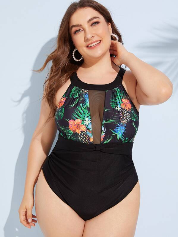 

Plus Tropical Contrast Mesh One Piece Swimwear, Multicolor, Franziska