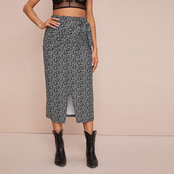 

Allover Plants Print Tie Front Wrap Skirt, Black and white